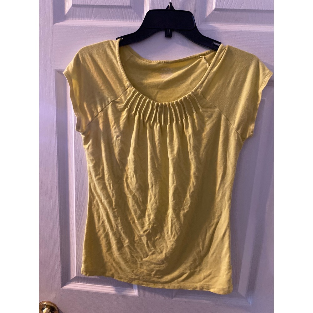 George Womens Yellow Pleated Scoop Neck Cap Sleeve Top Size Medium 8-10